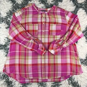 Lane Bryant Women's Pink Plaid Sheer Long Sleeve Button Down Shirt Size 14/16